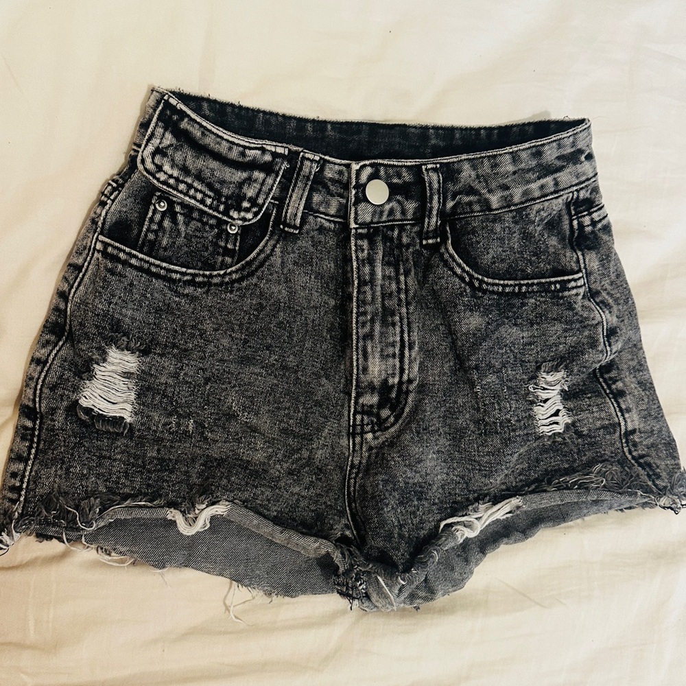 SHEIN Black Washed Distressed Denim Shorts
